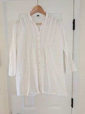 Women's Lightweight 100% Cotton White Embroidered Button Down Blouse Shirt Sz L